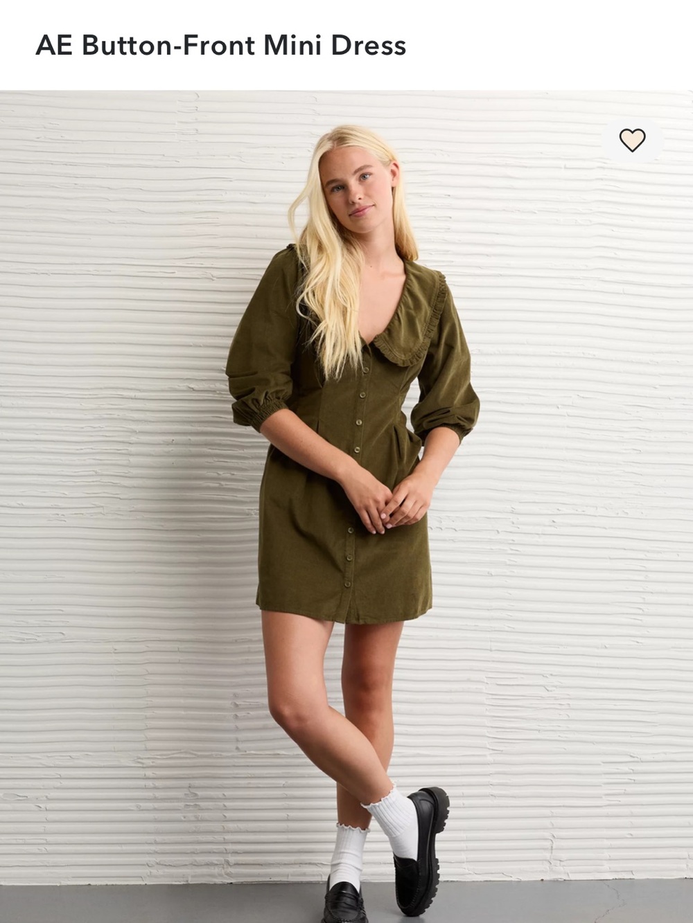 American Eagle Corduroy Button-Front Mini Dress in Olive Green